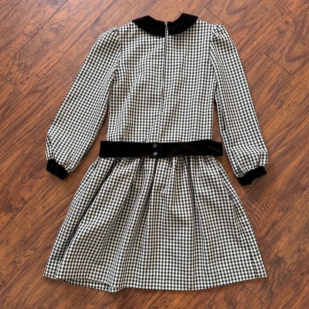 Rare Vintage Black White Gingham Checkered Dress 80s Peter Pan Velvet Collar 12